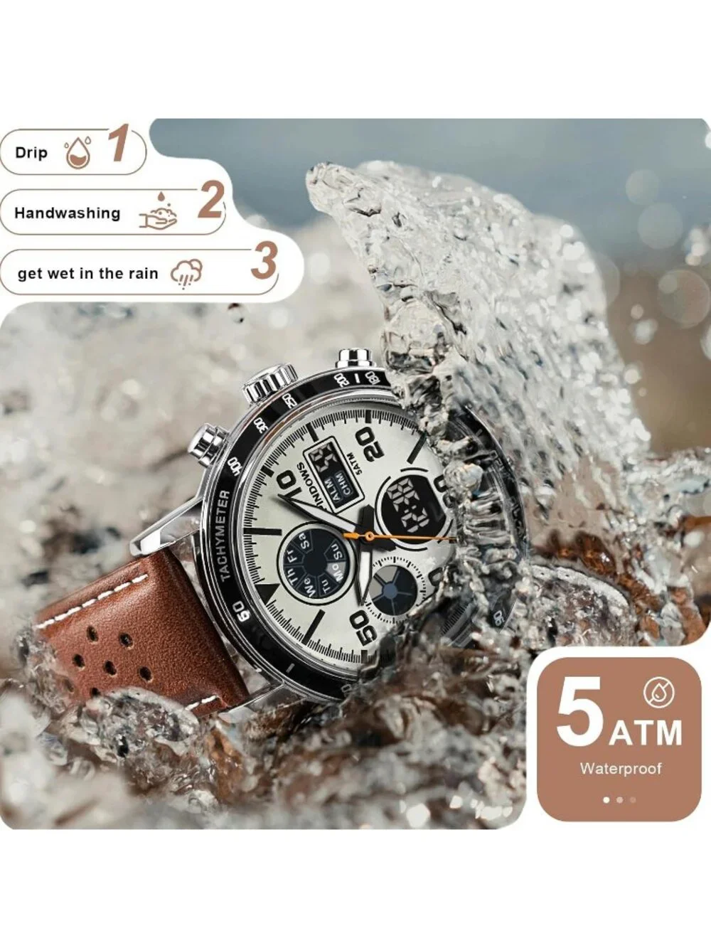 Men's Brown Analog Leather Waterproof Military Multifunctional LED Digital Watch